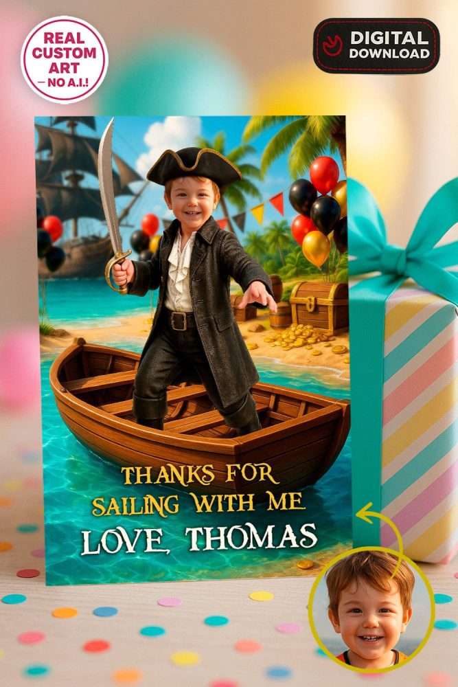 Personalized Pirate Thank You Card with Photo – Custom Pirate Theme Design – Delivered in 24h – Digital File 1 Personalized Pirate Thank You Card with Photo – Custom Pirate Theme Design – Digital File