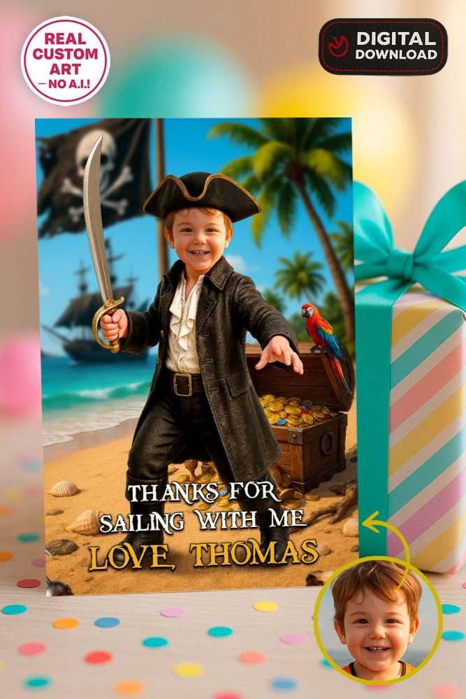Custom Pirate Thank You Card with Photo – Pirate Theme Design – Delivered in 24h – Digital File 1 Custom Pirate Thank You Card with Photo – Pirate Theme Design – Digital File