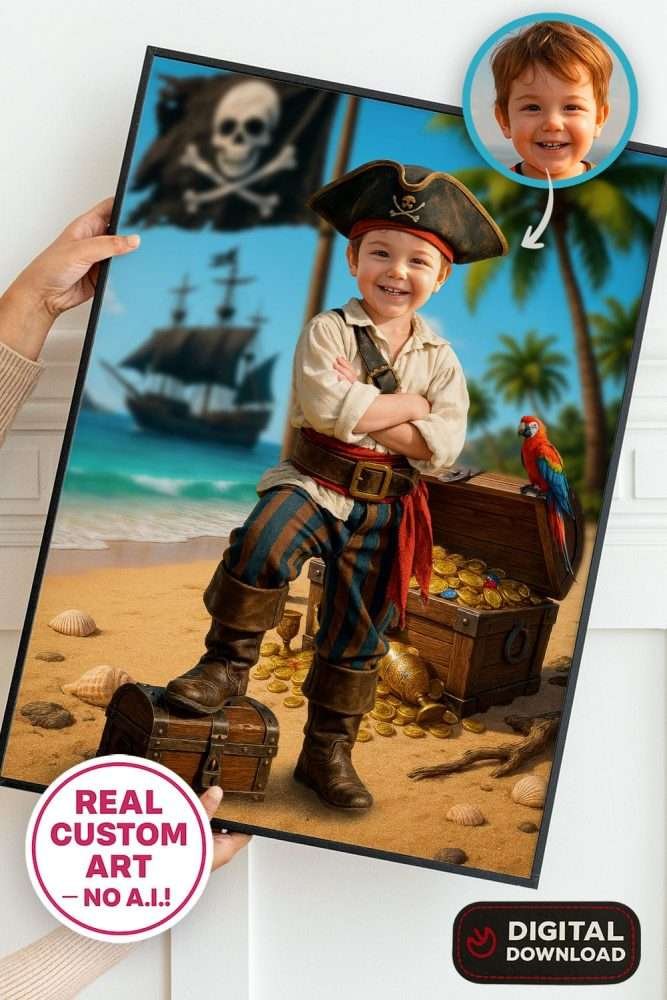 Custom Pirate Birthday Portrait with Photo – Classic Pirate Theme Digital Artwork – Delivered in 24h – Digital File 1 Custom Pirate Birthday Portrait with Photo – Classic Pirate Theme Digital Artwork – Digital Download