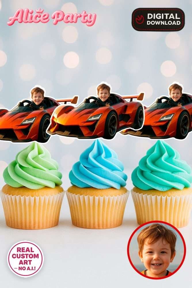 Personalized Racing Car Cupcake Toppers – Custom Sports Car Birthday Party Decoration – Delivered in 24h – Digital File 1 Personalized Racing Car Cupcake Toppers – Custom Sports Car Birthday Party Decoration – Made to Order Digital File