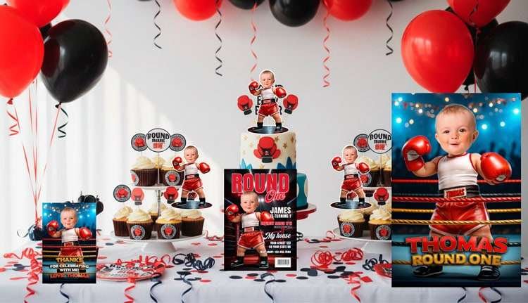 Round One baby boxer party set: invitations, banner, cupcakes, welcome sign and decor