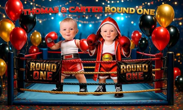 Round One twins birthday design — two little champs in a boxing scene
