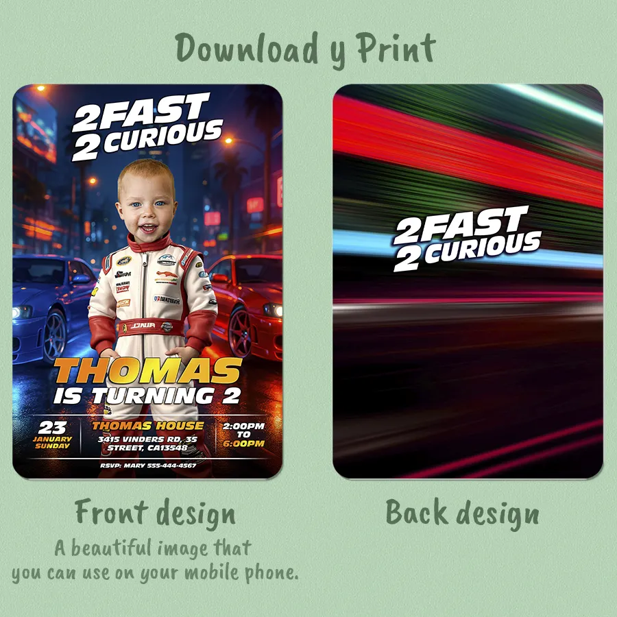2 Fast 2 Curious Birthday Invitation | Personalized Race Car Photo Invite 2 Personalized 2 Fast 2 Curious Birthday Invitation – Red Race Car Theme – Delivered in 24h – Digital File