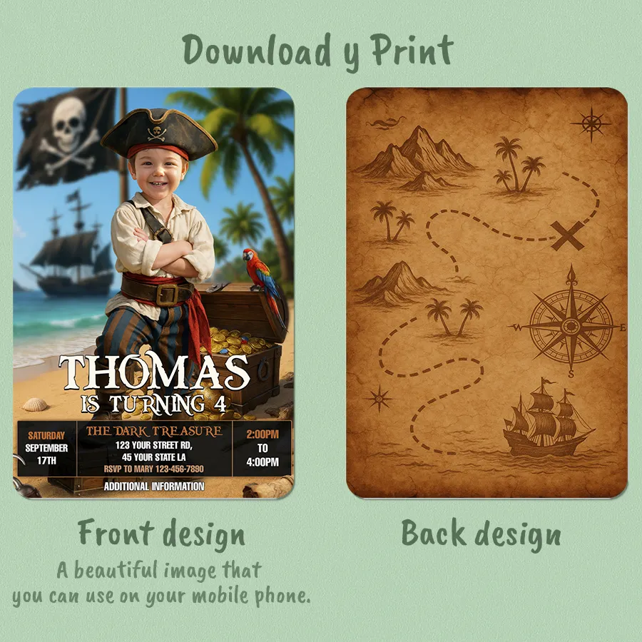 Custom Pirate Birthday Invitation with Photo | Little Captain Treasure Island Invite 2 Custom Pirate Birthday Invitation with Photo | Little Captain Treasure Island Invite - Image 2