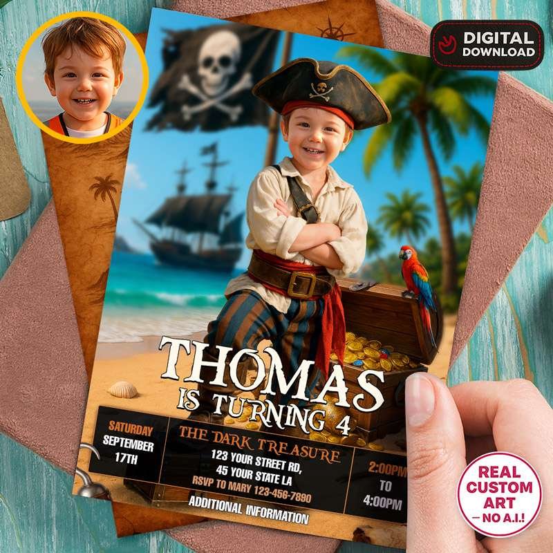 Custom Pirate Birthday Invitation with Photo | Little Captain Treasure Island Invite 1 Custom Pirate Birthday Invitation with Photo Boy Girl Captain