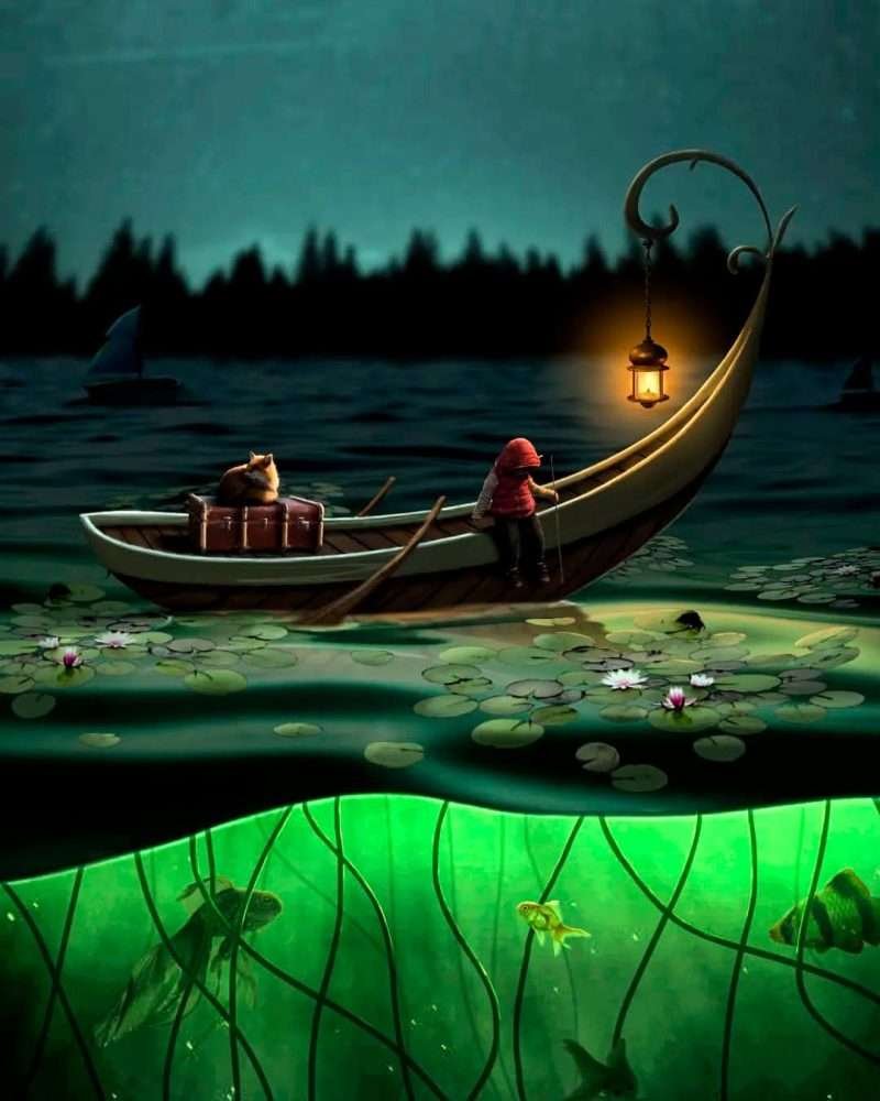 Before and after example of a child integrated into a themed scene