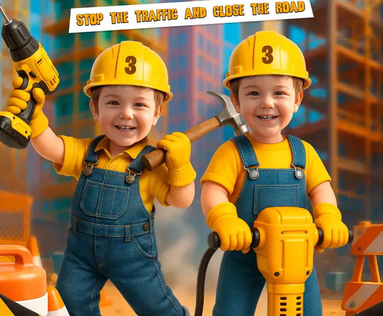 Construction birthday theme with dump trucks, hard hats and orange decorations
