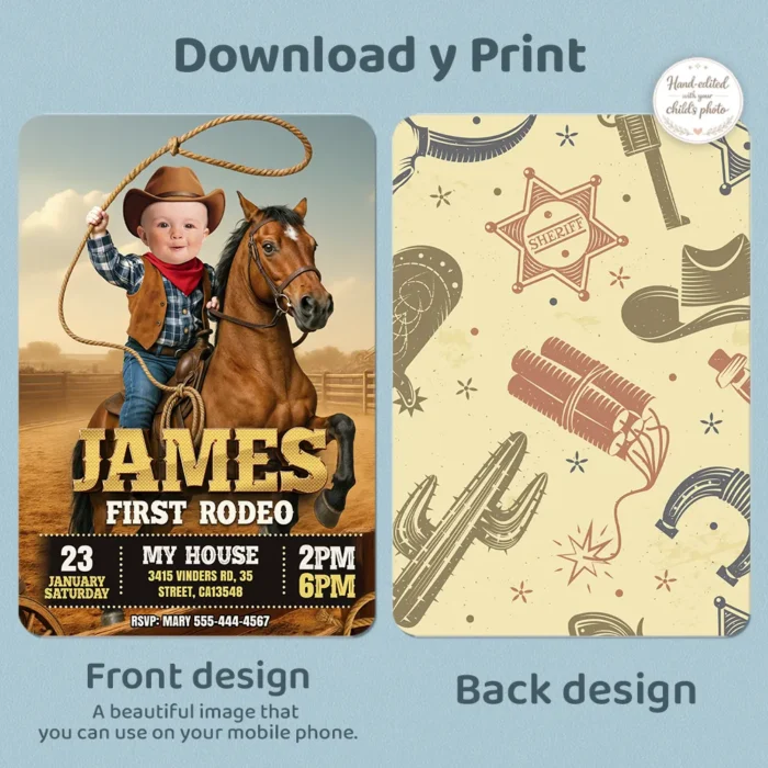 Personalized First Rodeo Cowboy Birthday Invitation – Custom Western Photo Invitation – Delivered in 24h – Digital File