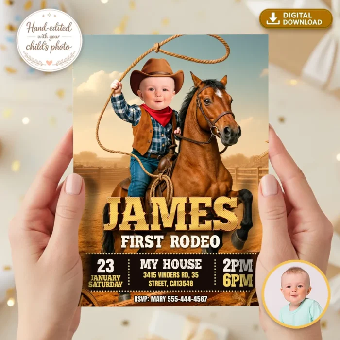Personalized First Rodeo Cowboy Birthday Invitation – Custom Western Photo Invitation – Delivered in 24h – Digital File