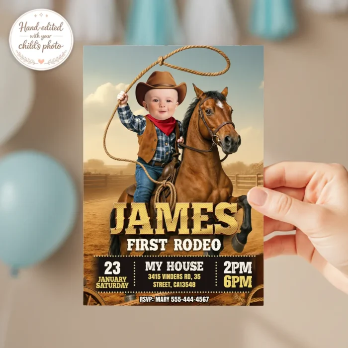 Personalized First Rodeo Cowboy Birthday Invitation – Custom Western Photo Invitation – Delivered in 24h – Digital File