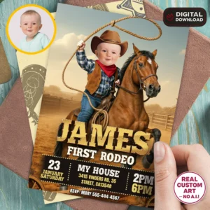Personalized First Rodeo Cowboy Birthday Invitation – Custom Western Photo Invitation – Delivered in 24h – Digital File