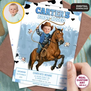 Cowboy First Rodeo Birthday Photo Invitation for Boys – Custom Blue Cowboy Party Design – Delivered in 24h – Digital File