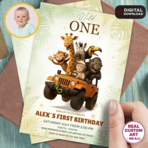 Wild One Safari Birthday Invitation with Photo – First Birthday, Jungle Theme (24h Delivery) – Digital Download