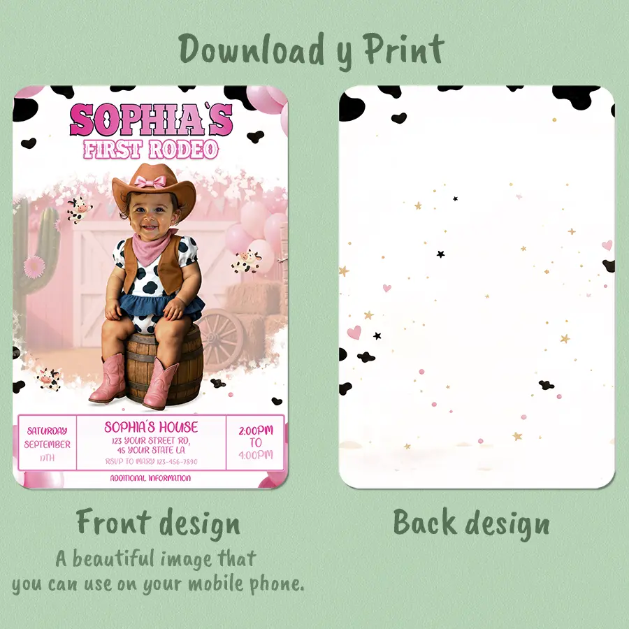 First Rodeo Birthday Invitation with Photo for Girls – Custom Pink Cowgirl Party Design – Delivered in 24h – Digital File 2 First Rodeo Birthday Invitation with Photo for Girls – Custom Pink Cowgirl Party Design – Delivered in 24h – Digital File - Image 2