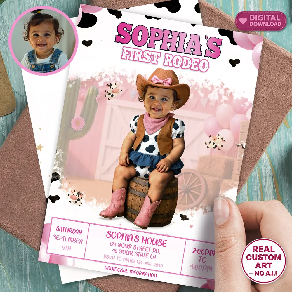 First Rodeo Birthday Invitation with Photo for Girls – Custom Pink Cowgirl Party Design – Delivered in 24h – Digital File 1 First Rodeo Birthday Invitation with Photo for Girls – Custom Pink Cowgirl Party Design – Delivered in 24h – Digital File