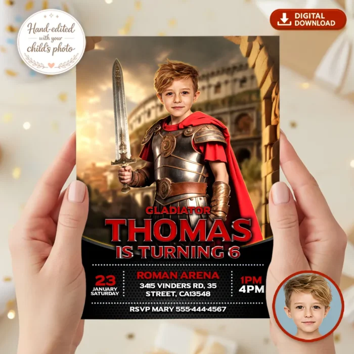 Personalized Gladiator Arena Birthday Invitation – Epic Praetorian Photo Invitation – Delivered in 24h – Digital File