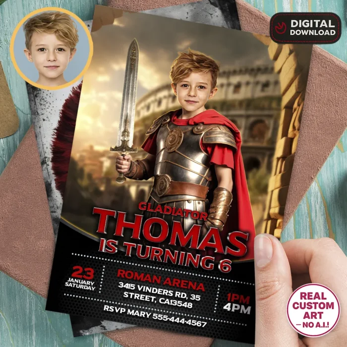 Personalized Gladiator Arena Birthday Invitation | Epic Praetorian Photo Invitation 1 Personalized Gladiator Arena Birthday Invitation – Epic Praetorian Photo Invitation – Delivered in 24h – Digital File