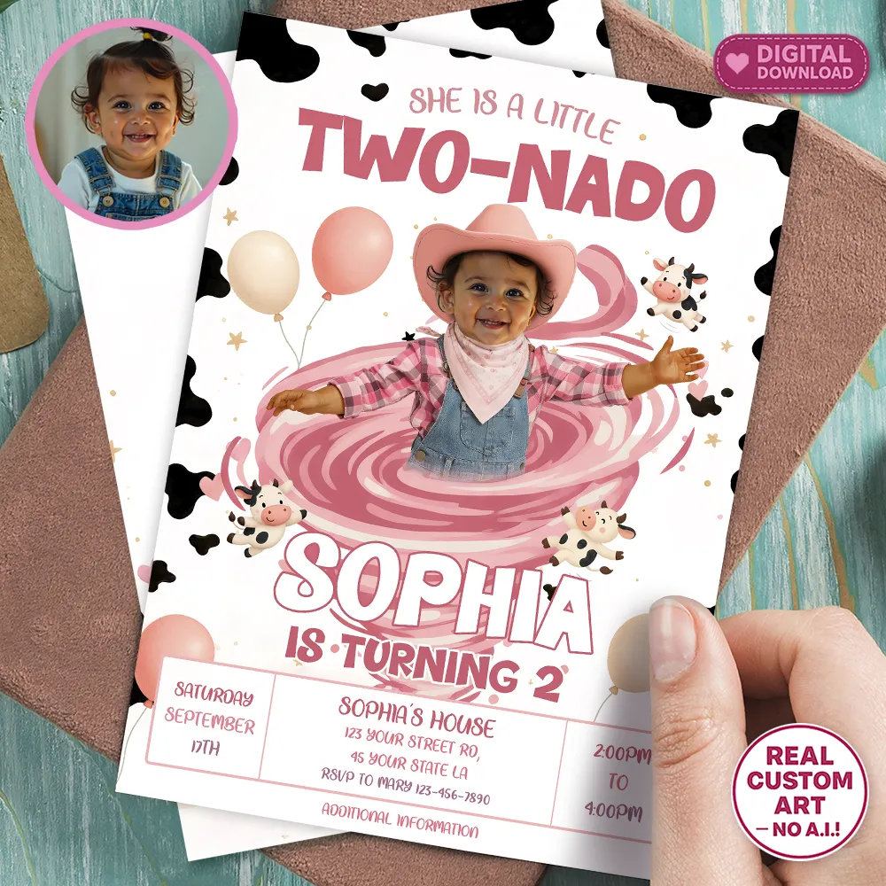 Two-Nado Birthday Invitation with Photo – Rodeo Two-Nado Pink Party – Personalized Second Birthday Girl (24h Delivery) – Digital Download 1 Two-Nado Birthday Invitation with Photo – Rodeo Two-Nado Pink Party – Personalized Second Birthday Girl (24h Delivery) – Digital Download