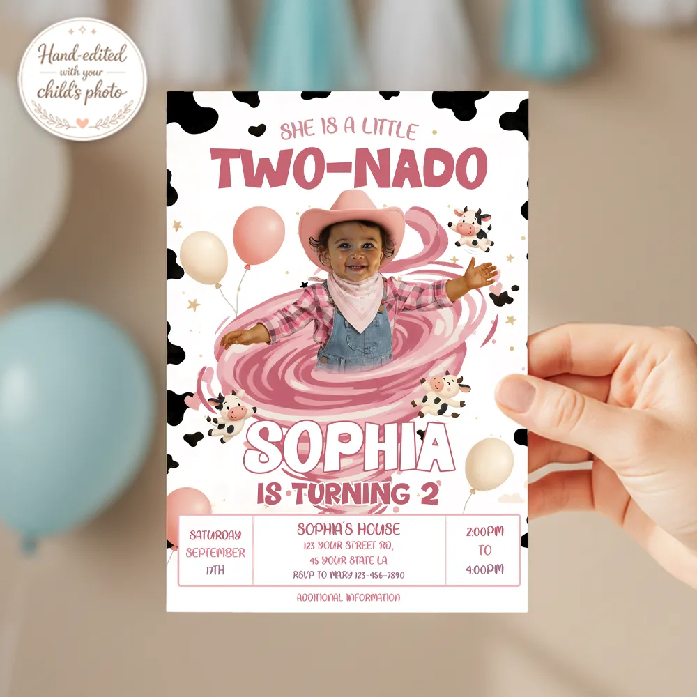 Two-Nado Birthday Invitation with Photo – Rodeo Two-Nado Pink Party – Personalized Second Birthday Girl (24h Delivery) – Digital Download 3 Two-Nado Birthday Invitation with Photo – Rodeo Two-Nado Pink Party – Personalized Second Birthday Girl (24h Delivery) – Digital Download