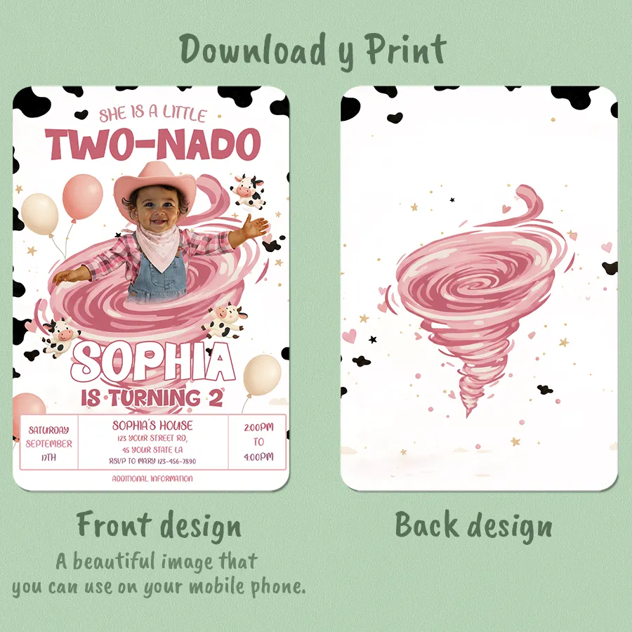 Two-Nado Birthday Invitation with Photo – Rodeo Two-Nado Pink Party – Personalized Second Birthday Girl (24h Delivery) – Digital Download 4 Two-Nado Birthday Invitation with Photo – Rodeo Two-Nado Pink Party – Personalized Second Birthday Girl (24h Delivery) – Digital Download
