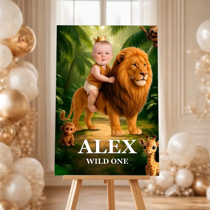 Wild One Lion Photo Welcome Sign – Personalized Wild One Party Decor (24h Delivery) – Digital Download