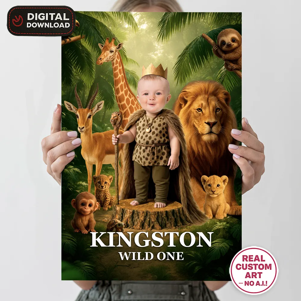 Wild One Birthday Bundle | Custom Realistic Lion Invitation & Decor Pack 2 Wild One King Photo Welcome Sign – Personalized Wild One Party Decor With Photo (24h Delivery) – Digital Download