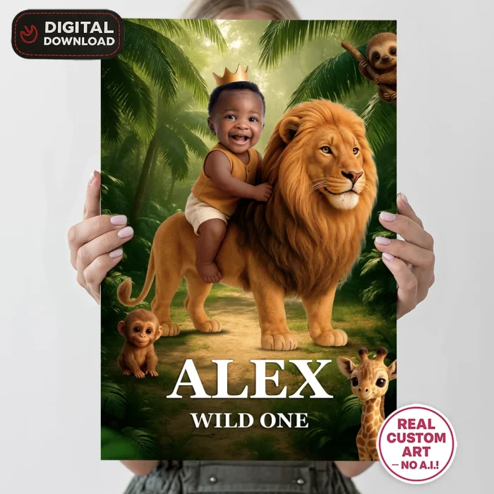 Wild One Lion Photo Welcome Sign – Personalized Wild One Party Decor (24h Delivery) – Digital Download