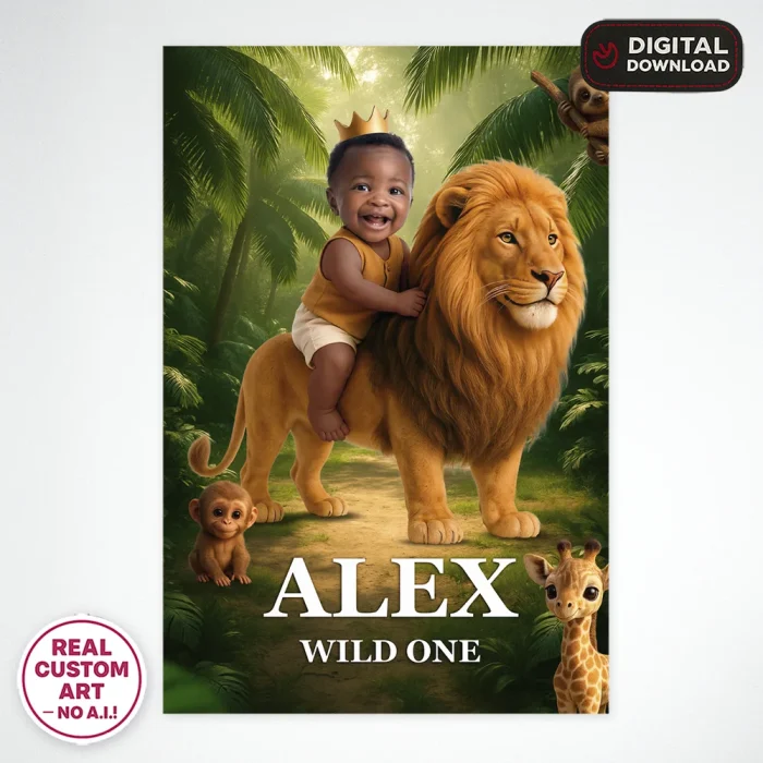 Wild One Lion Photo Welcome Sign – Personalized Wild One Party Decor (24h Delivery) – Digital Download
