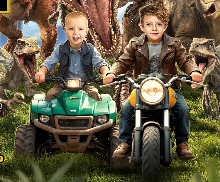 Dinosaur birthday theme for siblings with jungle leaves and playful T-Rex decorations