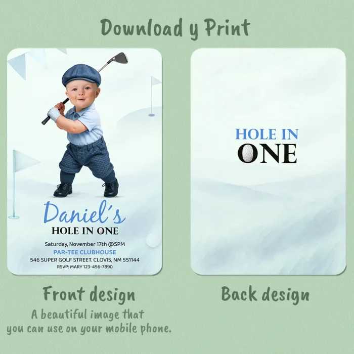 Personalized Blue Golf Birthday Invitation – Hole in One Theme – 1st Birthday Photo Invite for Boys – Delivered in 24h – Digital File