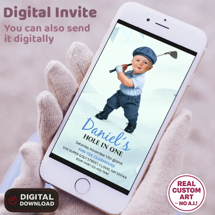 Personalized Blue Golf Birthday Invitation – Hole in One Theme – 1st Birthday Photo Invite for Boys – Delivered in 24h – Digital File