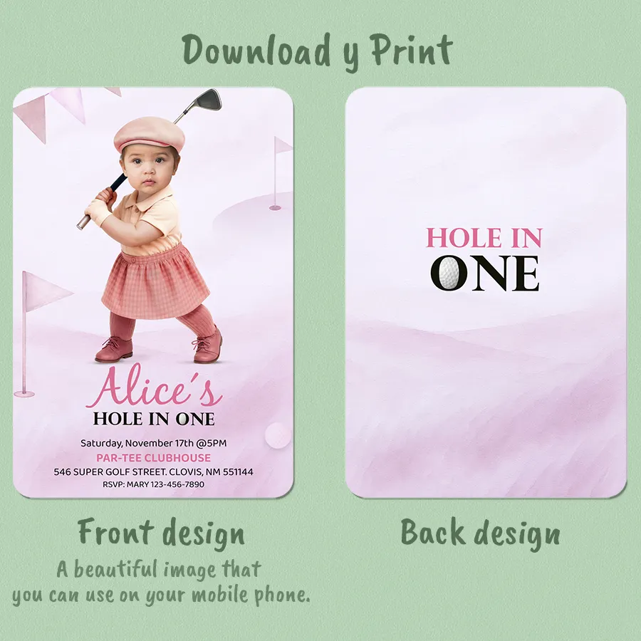 Personalized Pink Golf Birthday Invitation – Hole in One Theme – Digital Download for Baby Girl – Delivered in 24h – Digital File 2 Personalized Pink Golf Birthday Invitation – Hole in One Theme – Digital Download for Baby Girl – Delivered in 24h – Digital File - Image 2