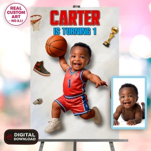 Custom Basketball Photo Welcome Sign – Baby Basketball Player – Personalized Basket Party Decor (24h Delivery) – Digital Download