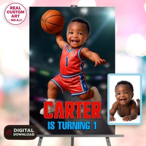 Basketball Photo Welcome Sign – Baby Basketball Player – Personalized Basket Party Decor (24h Delivery) – Digital Download