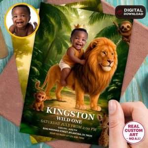 Wild One Lion Birthday Photo Invitation Baby Riding Lion Safari