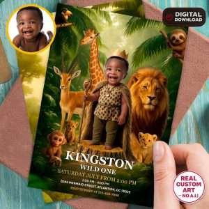 Wild One King Birthday Photo Invitation Baby Lion Crown