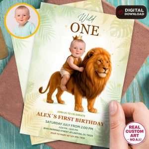 Wild One Jungle Birthday Photo Invitation – First Birthday, Safari Theme – Personalized 1st Birthay Card (24h Delivery) – Digital Download