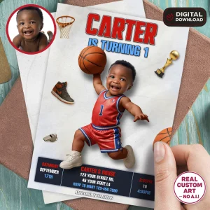Custom Basketball Birthday Invitation with Photo – Baby Basketball Player – Personalized Sports Card (24h Delivery) – Digital Download