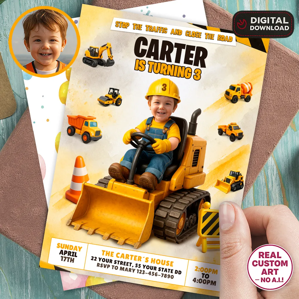 Construction Birthday Invitation with Photo – Personalized Construction Kids Invitation – Delivered in 24h – Digital File 1 Construction Birthday Invitation with Photo – Personalized Construction Kids Invitation – Delivered in 24h – Digital File