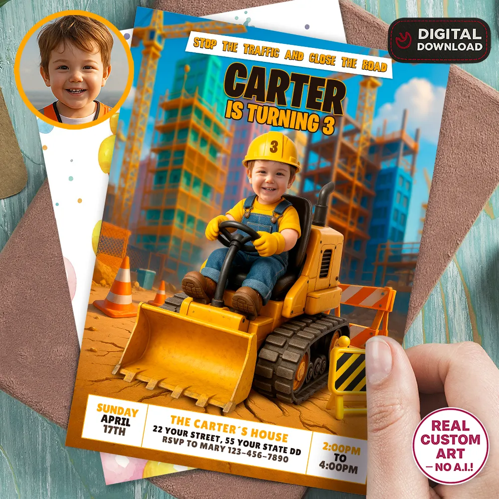 Custom Construction Birthday Photo Invitation – Boy Driving a Bulldozer – Personalized Construction Kids Invitation – Delivered in 24h – Digital File 1 Custom Construction Birthday Photo Invitation – Boy Driving a Bulldozer – Personalized Construction Kids Invitation – Delivered in 24h – Digital File