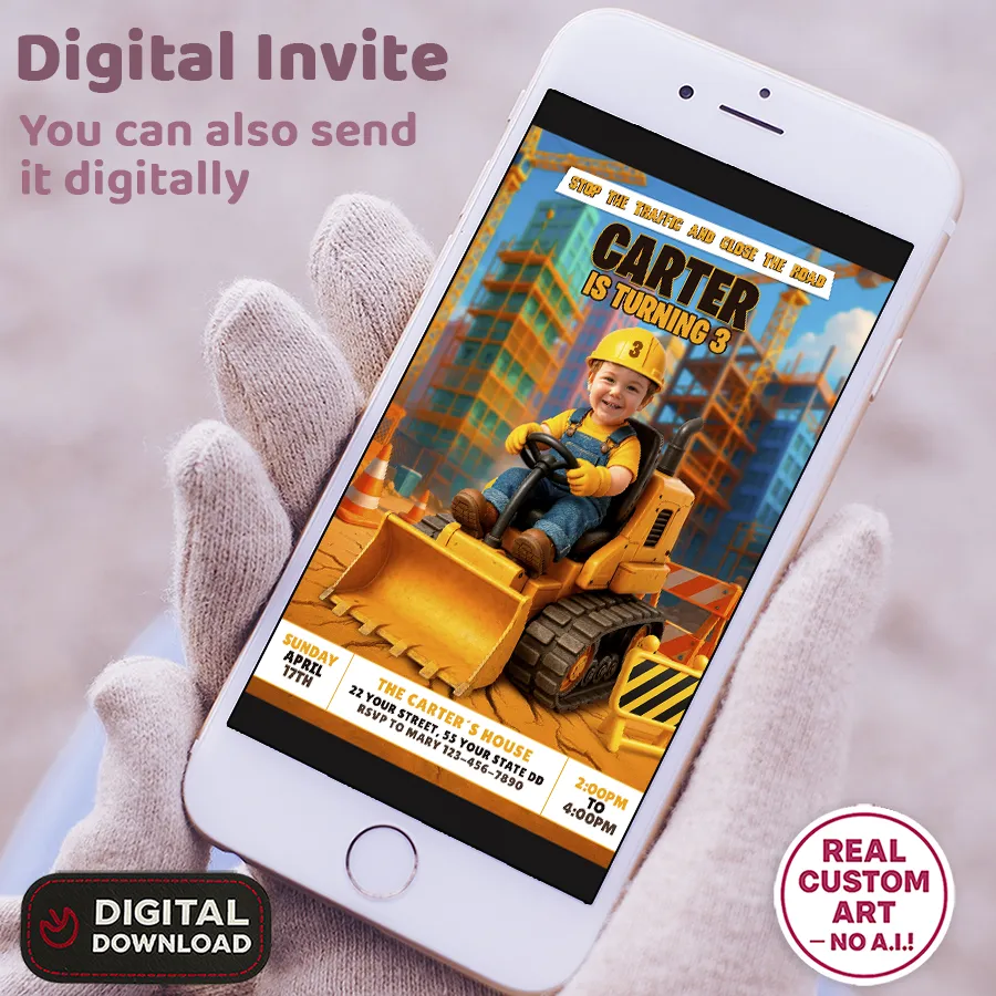 Custom Construction Birthday Photo Invitation – Boy Driving a Bulldozer – Personalized Construction Kids Invitation – Delivered in 24h – Digital File 3 Custom Construction Birthday Photo Invitation – Boy Driving a Bulldozer – Personalized Construction Kids Invitation – Delivered in 24h – Digital File