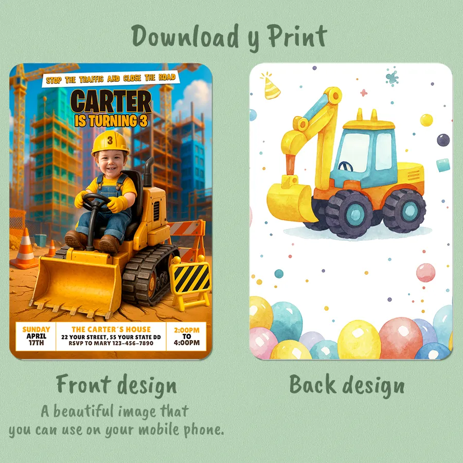 Custom Construction Birthday Photo Invitation – Boy Driving a Bulldozer – Personalized Construction Kids Invitation – Delivered in 24h – Digital File 2 Custom Construction Birthday Photo Invitation – Boy Driving a Bulldozer – Personalized Construction Kids Invitation – Delivered in 24h – Digital File