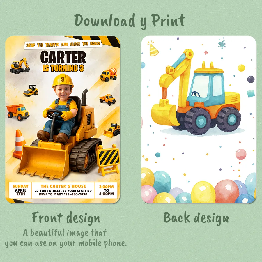 Construction Birthday Invitation with Photo – Personalized Construction Kids Invitation – Delivered in 24h – Digital File 2 Construction Birthday Invitation with Photo – Personalized Construction Kids Invitation – Delivered in 24h – Digital File - Image 2