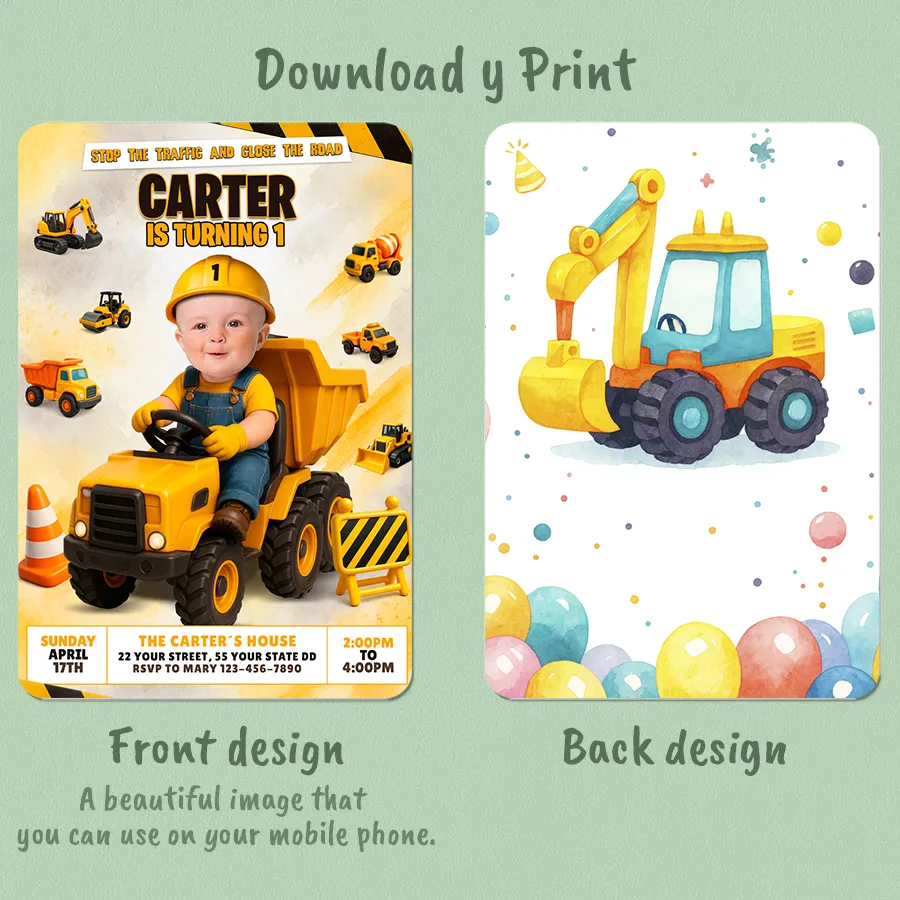 Construction Baby Birthday Invitation with Photo – Baby Construction Party Invitation – Delivered in 24h – Digital File 2 Construction Baby Birthday Invitation with Photo – Baby Construction Party Invitation – Delivered in 24h – Digital File - Image 2