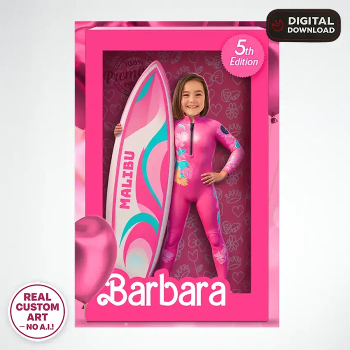 Personalized Malibu Doll Box Poster for Girls – Custom Malibu Theme Party Decoration – Made to Order Digital File