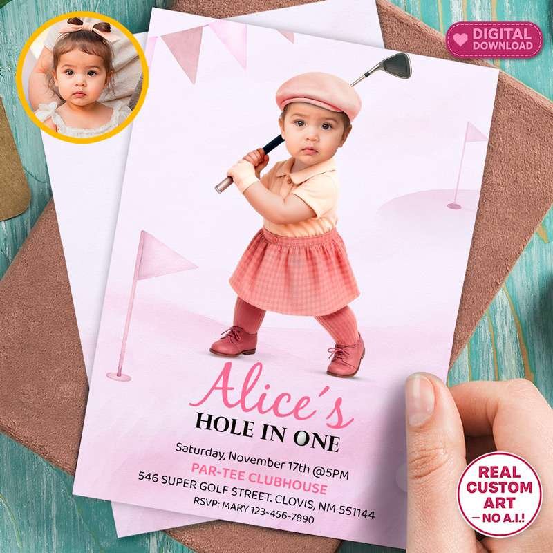 Personalized Pink Golf Birthday Invitation – Hole in One Theme – Digital Download for Baby Girl – Delivered in 24h – Digital File 1 Personalized Pink Golf Birthday Invitation – Hole in One Theme – Digital Download for Baby Girl – Delivered in 24h – Digital File