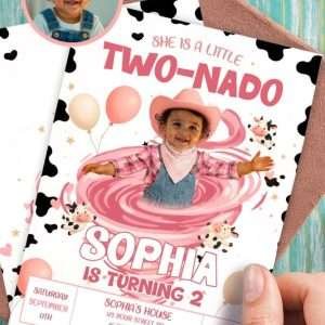 Two-Nado Birthday Invitation with Photo – Rodeo Two-Nado Pink Party – Personalized Second Birthday Girl (24h Delivery) – Digital Download
