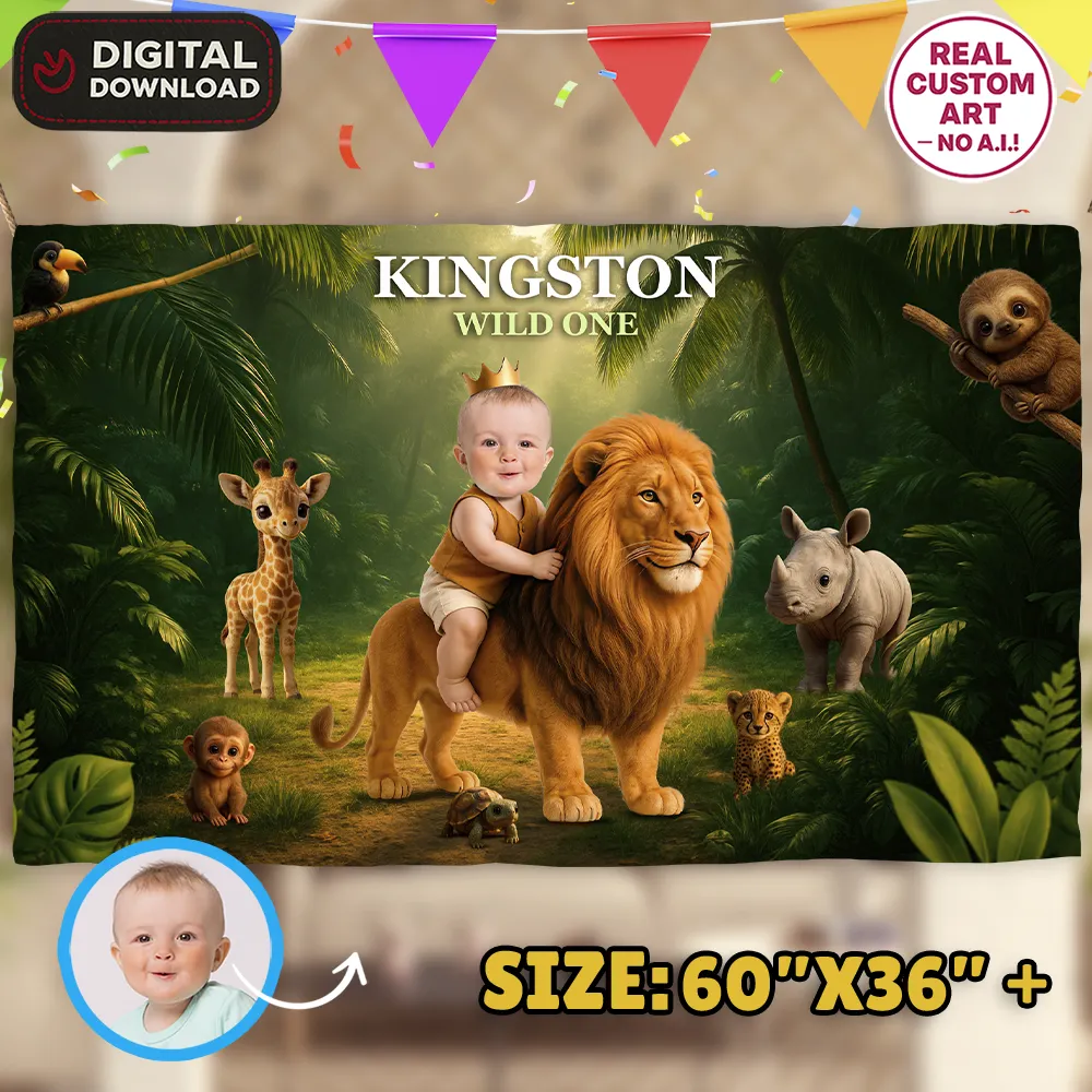 Wild One Birthday Bundle | Custom Realistic Lion Invitation & Decor Pack 3 Wild One Birthday Photo Banner – Personalized Wild One Party Decor (24h Delivery) – Digital Download