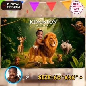 Wild One Birthday Photo Banner Baby Riding Lion Realistic