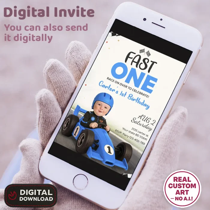 Fast One Birthday Invitation with Photo – Custom Racing Theme Design – Delivered in 24h – Digital File